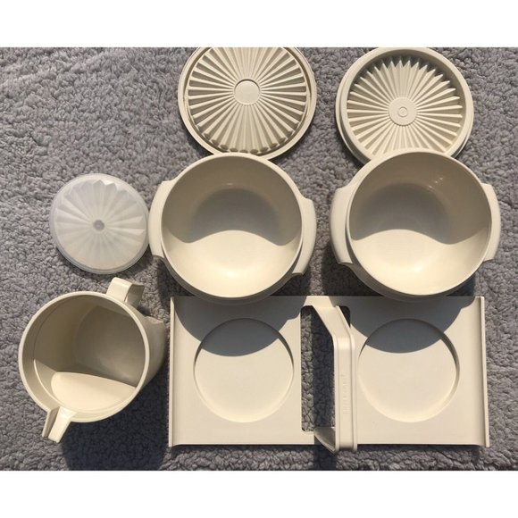 Vtg 80s Tupperware Condiment Servalier Caddy Bowls Lids Storage Pitcher HTF Set - Picture 7 of 15